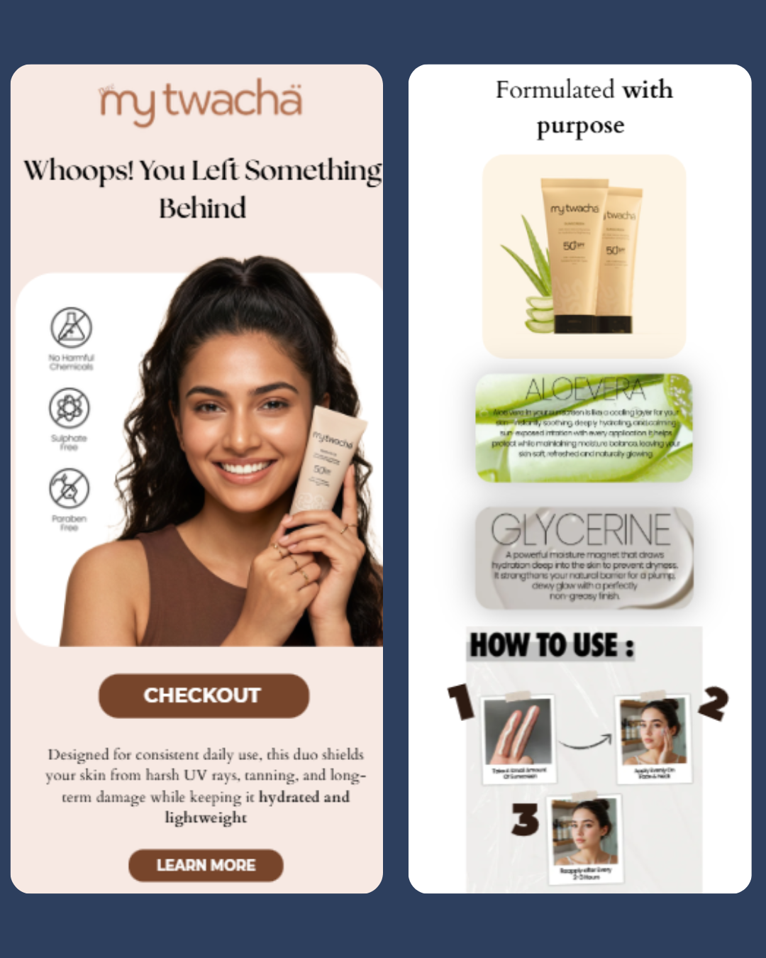 My Twacha abandoned cart email design with product showcase and ingredients